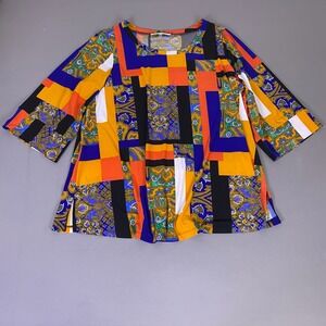 Jones Studio Tunic Blouse Womens 1X 3/4 Sleeve Paisley Geometric Patchwork Print